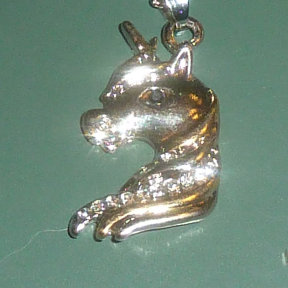 Silver, Two-Tone Unicorn Horse Pendant & Chain Necklace, Rhinestones